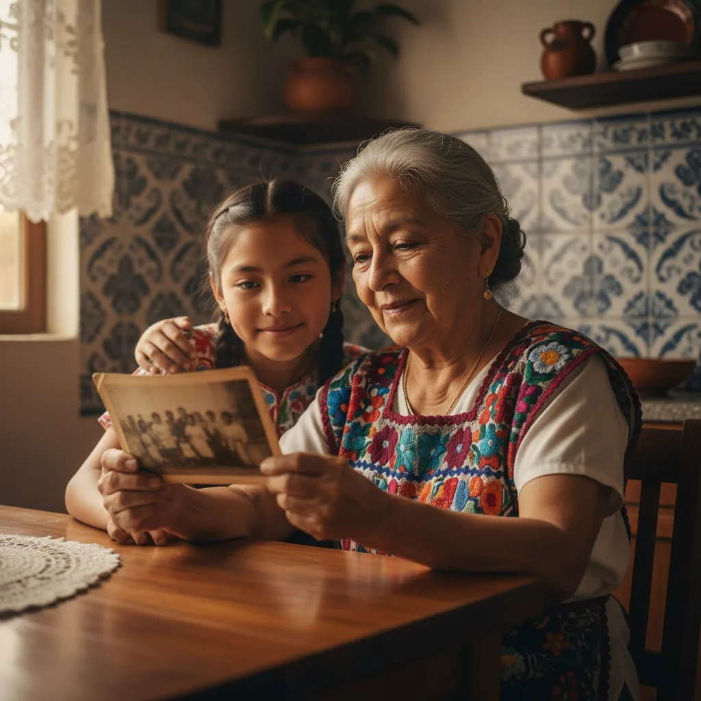 Abuela y nieta compartiendo una fotografía familiar antigua en la mesa de la cocina