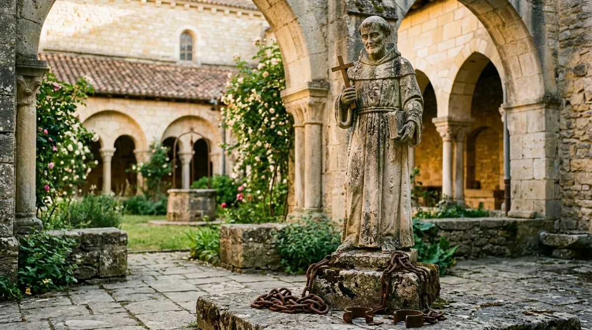 Estatua de piedra de un santo medieval con cadenas rotas a sus pies, en un jardín de monasterio con luz dorada de atardecer