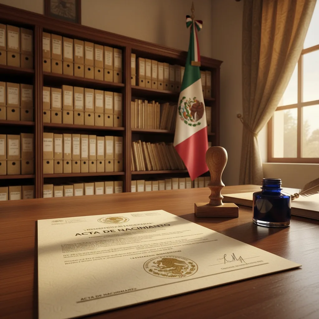 Acta de nacimiento mexicana sobre un escritorio de Registro Civil, con sello, tintero y la bandera de México de fondo