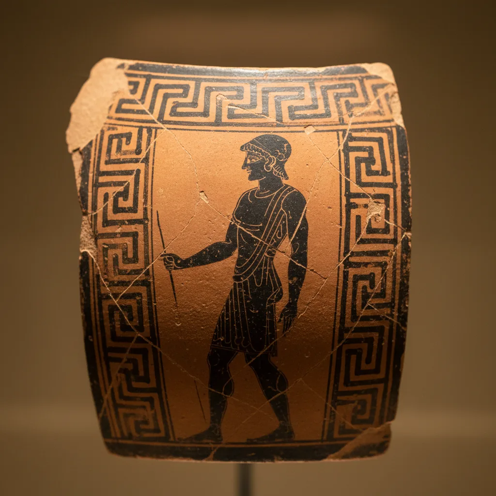 Fragmento de una vasija griega antigua de cerámica con figuras geométricas y una silueta de figura clásica pintada en negro y rojo