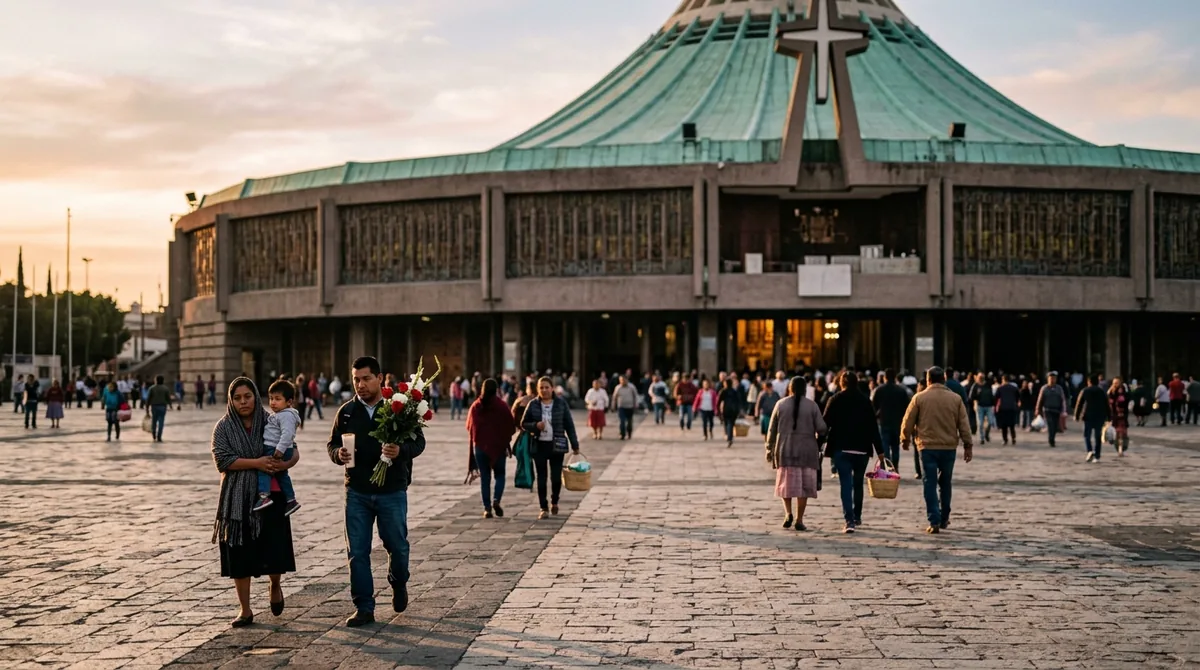Santuario y basílica mariana en México con peregrinos al amanecer