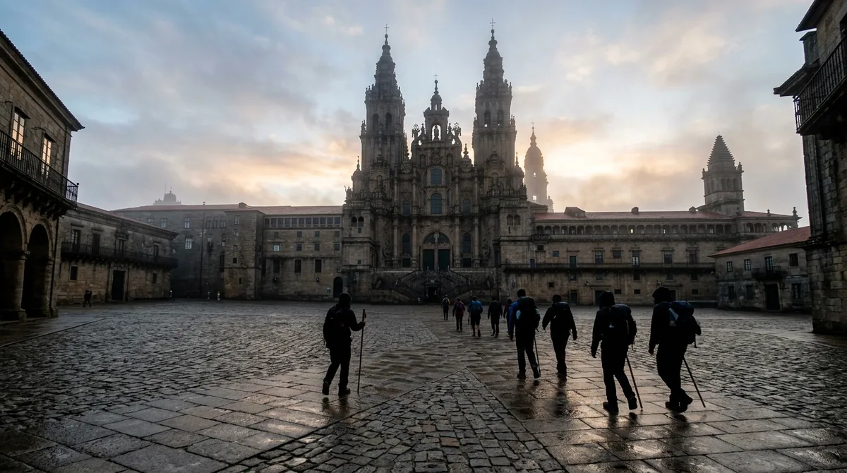 Peregrinos con bordón y mochila cruzando al amanecer una plaza empedrada hacia la fachada de una gran catedral de piedra