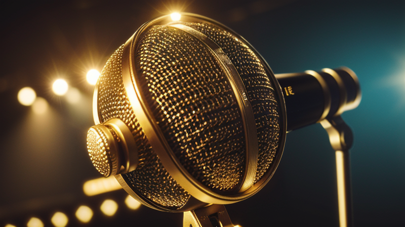 detailed close up photo of vintage microphone with artistic stage lighting