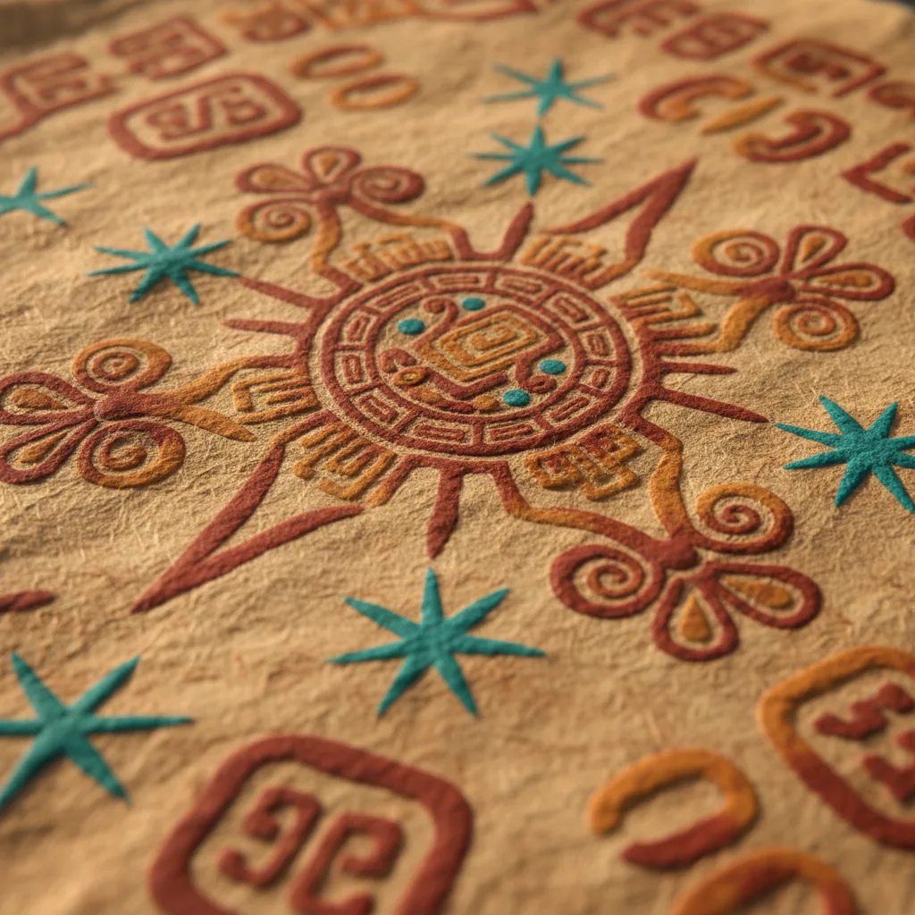 Códice mexica estilizado con glifos de flores y estrellas junto a papel amate