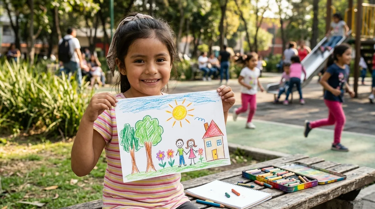 Una niña sostiene con orgullo un dibujo mientras juega en un parque soleado